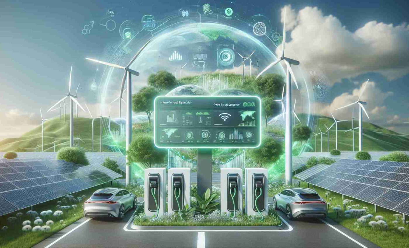 Create a high-definition realistic image showcasing the new strategy for green energy expansion. The scene should depict cutting-edge technology like solar panels, wind turbines, and electric charging stations. An interactive touch screen displaying data analytics and monitoring systems for renewable energy should be in the center. The background could enhance the green theme with lush vegetation and a clean, clear sky. Graphs, charts, and information graphics could be overlaid to represent statistics and progress in green energy.