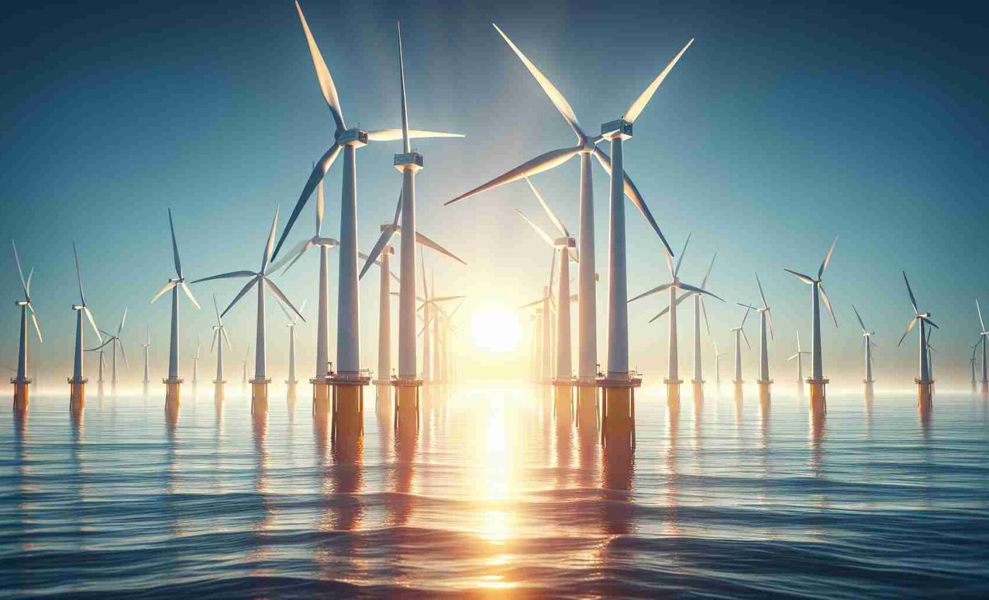 Realistic high-definition image showcasing the concept of revolutionizing offshore energy generation. The scene can be a vast ocean with large, modern wind turbines standing tall in the water. Possibly include a bright sun hovering low in the sky, casting a warm glow over the water which intensifies the efficiencies of the turbines. Also, try to capture innovation and sustainable energy practices in this image.