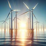 Realistic high-definition image showcasing the concept of revolutionizing offshore energy generation. The scene can be a vast ocean with large, modern wind turbines standing tall in the water. Possibly include a bright sun hovering low in the sky, casting a warm glow over the water which intensifies the efficiencies of the turbines. Also, try to capture innovation and sustainable energy practices in this image.