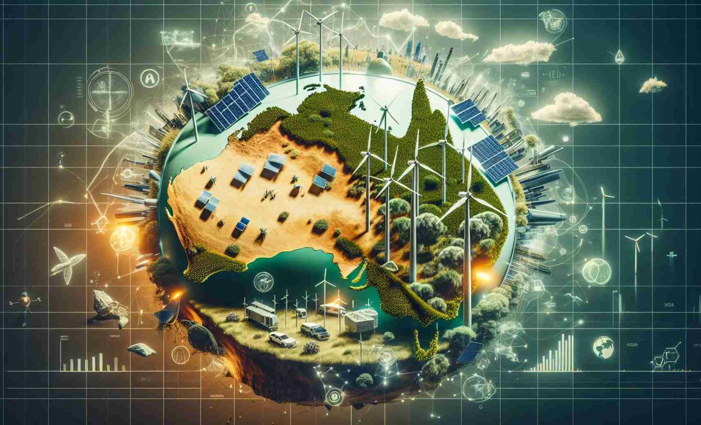 A high definition, realistic visual representation of the growing opportunities in green energy within Australia. This portrayal emphasizes the shifting of global policies towards more sustainable and eco-friendly practices. The image could feature various symbols related to green energy such as solar panels, wind turbines, electric cars, as well as geographical features of Australia like the outback, coastal areas, and notable landmarks. The backdrop subtly alludes to changes in international policies, perhaps with documents, treaties, or globe subtly included.