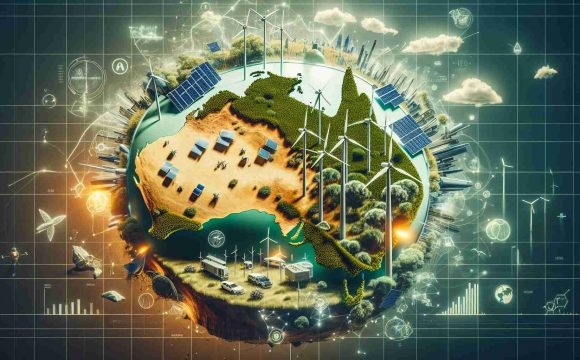 A high definition, realistic visual representation of the growing opportunities in green energy within Australia. This portrayal emphasizes the shifting of global policies towards more sustainable and eco-friendly practices. The image could feature various symbols related to green energy such as solar panels, wind turbines, electric cars, as well as geographical features of Australia like the outback, coastal areas, and notable landmarks. The backdrop subtly alludes to changes in international policies, perhaps with documents, treaties, or globe subtly included.