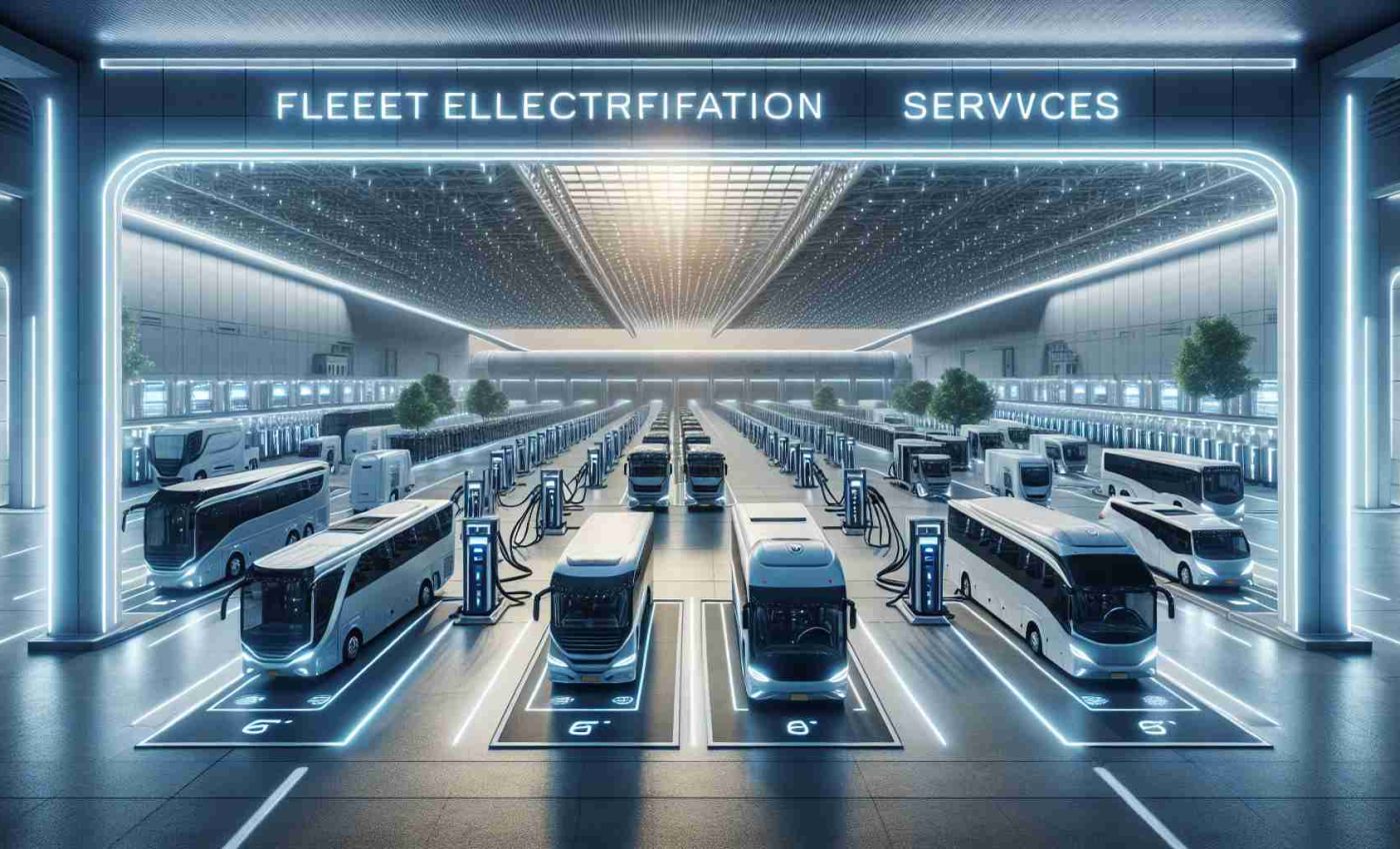 Create a high-definition image portraying an advanced scene of Fleet Electrification Services. Visualize multiple types of vehicles such as buses, trucks, and vans, all powered by electricity instead of traditional fuels, parked in an expansive charging terminal, dedicated to fleet electrification. Add the ambiance of a sophisticated technological advancement, symbolizing new opportunities. Express the eco-friendliness, cleanliness, and the futuristic tone of this new technology, embodying the progress and possibilities in the field.