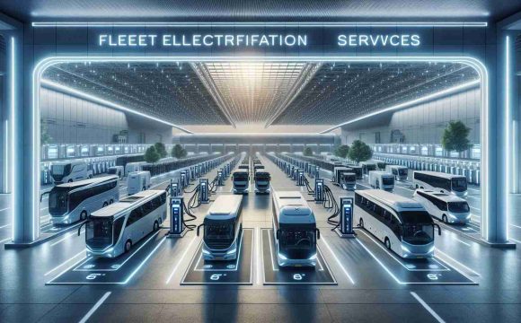 Create a high-definition image portraying an advanced scene of Fleet Electrification Services. Visualize multiple types of vehicles such as buses, trucks, and vans, all powered by electricity instead of traditional fuels, parked in an expansive charging terminal, dedicated to fleet electrification. Add the ambiance of a sophisticated technological advancement, symbolizing new opportunities. Express the eco-friendliness, cleanliness, and the futuristic tone of this new technology, embodying the progress and possibilities in the field.