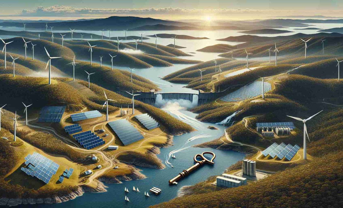 High quality, realistic illustration of the potential renewable energy sources in Tasmania. The scene includes a panoramic view of the varied Tasmanian topography with clusters of modern wind turbines harnessing the wind energy on hilltops, vast fields of solar panels absorbing the abundant sunlight, river streams with dams to generate hydroelectric power, and an array of wave energy converters in the picturesque Tasmanian coastline. The visual metaphor of key unlocking the abundant renewable energy treasures is subtly infused in the image.