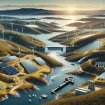 High quality, realistic illustration of the potential renewable energy sources in Tasmania. The scene includes a panoramic view of the varied Tasmanian topography with clusters of modern wind turbines harnessing the wind energy on hilltops, vast fields of solar panels absorbing the abundant sunlight, river streams with dams to generate hydroelectric power, and an array of wave energy converters in the picturesque Tasmanian coastline. The visual metaphor of key unlocking the abundant renewable energy treasures is subtly infused in the image.