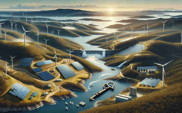 High quality, realistic illustration of the potential renewable energy sources in Tasmania. The scene includes a panoramic view of the varied Tasmanian topography with clusters of modern wind turbines harnessing the wind energy on hilltops, vast fields of solar panels absorbing the abundant sunlight, river streams with dams to generate hydroelectric power, and an array of wave energy converters in the picturesque Tasmanian coastline. The visual metaphor of key unlocking the abundant renewable energy treasures is subtly infused in the image.