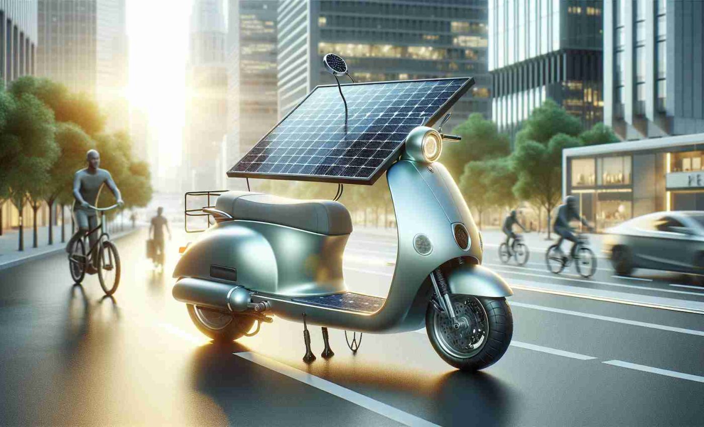 Create a realistic, high-definition image of a solar-powered scooter. This particular means of transportation is designed for eco-friendly commutes and should be represented as such. The scooter should display noticeable solar panels and be shown within an urban environment to emphasize its use for daily commuting. The sun should be visible, casting light on the scooter to illustrate its power source. Other elements such as pedestrians or bicycles in the background can be added to enhance the urban commuting scene.