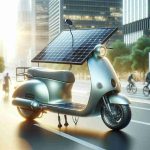 Create a realistic, high-definition image of a solar-powered scooter. This particular means of transportation is designed for eco-friendly commutes and should be represented as such. The scooter should display noticeable solar panels and be shown within an urban environment to emphasize its use for daily commuting. The sun should be visible, casting light on the scooter to illustrate its power source. Other elements such as pedestrians or bicycles in the background can be added to enhance the urban commuting scene.