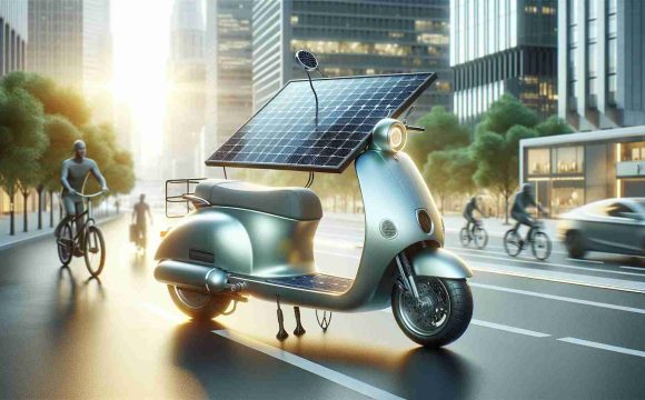 Create a realistic, high-definition image of a solar-powered scooter. This particular means of transportation is designed for eco-friendly commutes and should be represented as such. The scooter should display noticeable solar panels and be shown within an urban environment to emphasize its use for daily commuting. The sun should be visible, casting light on the scooter to illustrate its power source. Other elements such as pedestrians or bicycles in the background can be added to enhance the urban commuting scene.