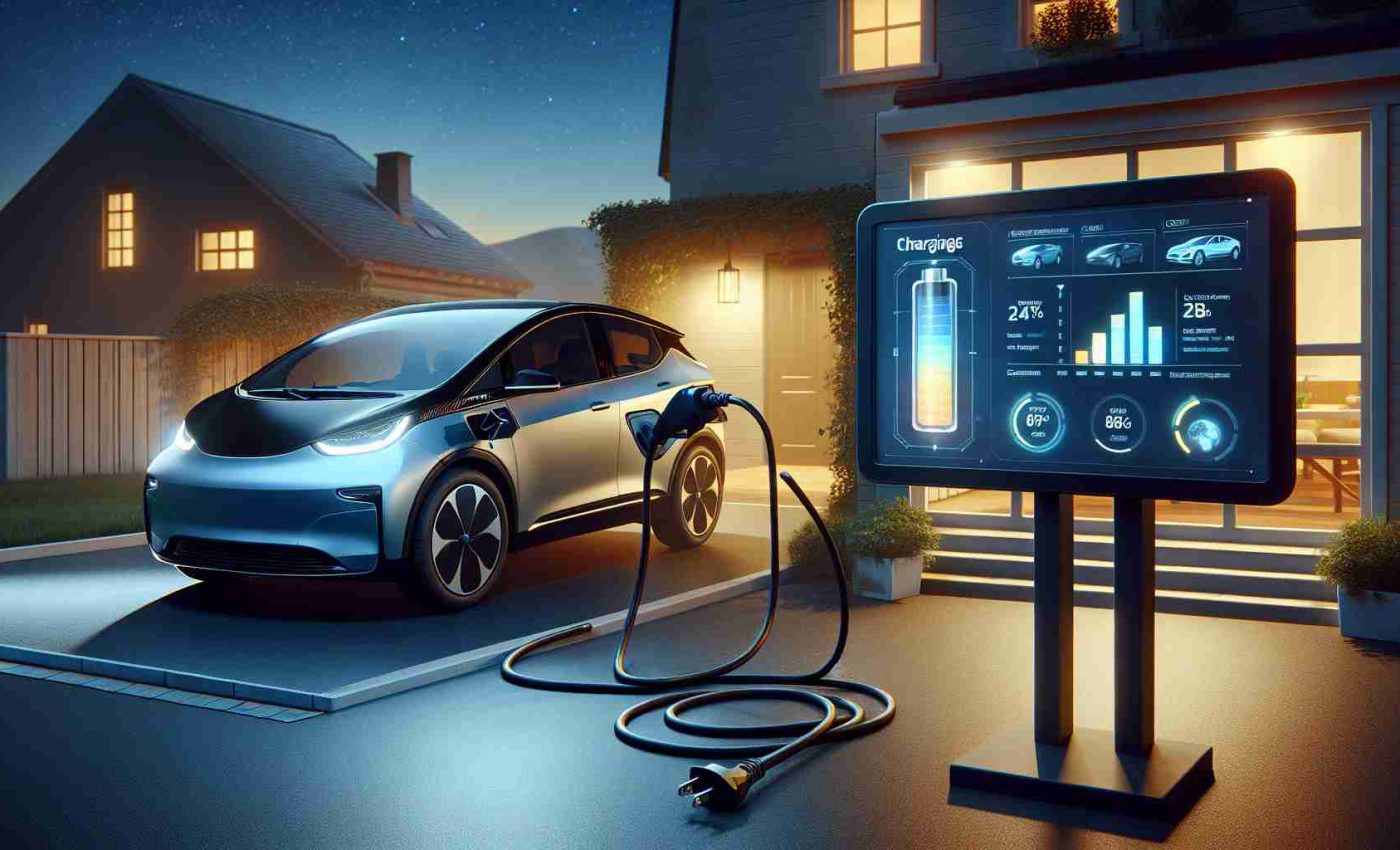 Create a realistic HD image displaying the concept of energy-efficient charging for electric vehicles. The scene should depict a standard home-based charging setup, with an electric vehicle plugged into an ordinary electrical outlet via a lengthy cord. In the foreground, a digital screen is showing infographics and data related to the charging process, debunking the myth of the need for high-powered chargers. The electric vehicle can be a sleek, modern design, and the surrounding environment should suggest a calm, residential evening with dim lights and a clear night sky.