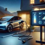 Create a realistic HD image displaying the concept of energy-efficient charging for electric vehicles. The scene should depict a standard home-based charging setup, with an electric vehicle plugged into an ordinary electrical outlet via a lengthy cord. In the foreground, a digital screen is showing infographics and data related to the charging process, debunking the myth of the need for high-powered chargers. The electric vehicle can be a sleek, modern design, and the surrounding environment should suggest a calm, residential evening with dim lights and a clear night sky.