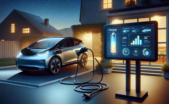 Create a realistic HD image displaying the concept of energy-efficient charging for electric vehicles. The scene should depict a standard home-based charging setup, with an electric vehicle plugged into an ordinary electrical outlet via a lengthy cord. In the foreground, a digital screen is showing infographics and data related to the charging process, debunking the myth of the need for high-powered chargers. The electric vehicle can be a sleek, modern design, and the surrounding environment should suggest a calm, residential evening with dim lights and a clear night sky.