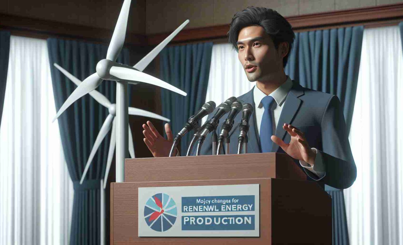 Realistic HD photo of an East Asian male politician announcing major policy changes for renewable energy production