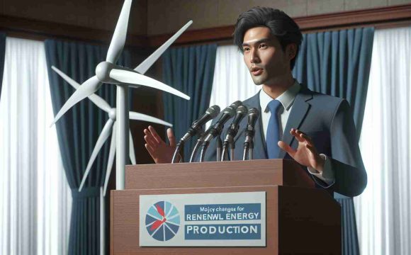 Realistic HD photo of an East Asian male politician announcing major policy changes for renewable energy production