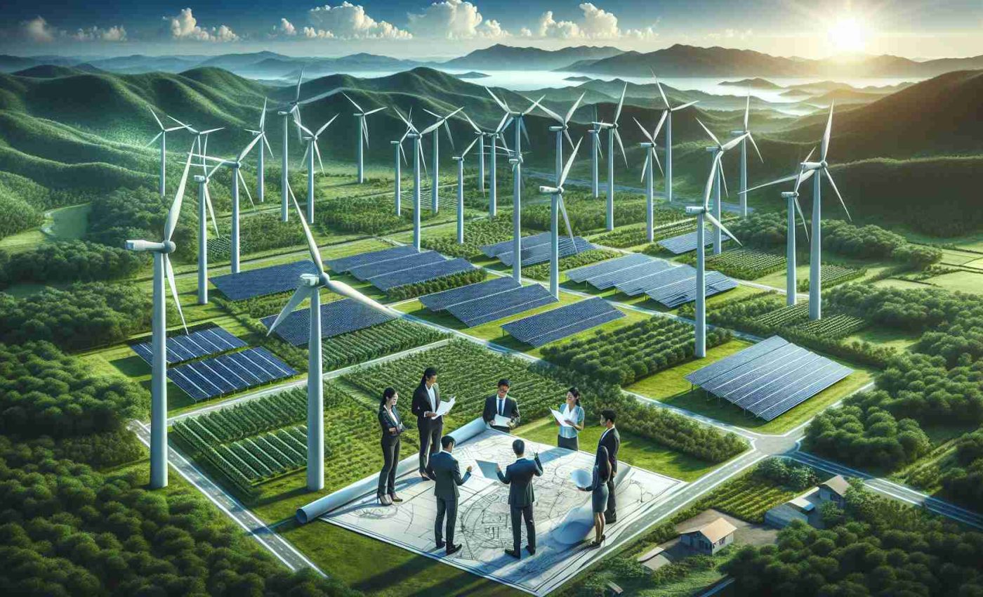 Generate a realistic high-definition image illustrating the intersection of renewable energy innovations and sustainable growth. The scene might include numerous large-scale wind turbines set against a verdant landscape, brimming with abundant greenery. Solar panels could be installed on the roofs of nearby buildings, their surfaces gleaming under the clear blue sky. A group of diverse professionals, including a South Asian woman and a Middle Eastern man, could be examining blueprints, displaying plans for further sustainable developments. This setting beautifully encapsulates the essence of renewable energy innovations driving sustainable growth.