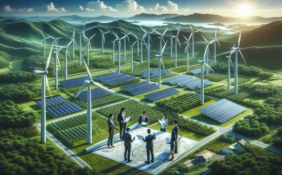 Generate a realistic high-definition image illustrating the intersection of renewable energy innovations and sustainable growth. The scene might include numerous large-scale wind turbines set against a verdant landscape, brimming with abundant greenery. Solar panels could be installed on the roofs of nearby buildings, their surfaces gleaming under the clear blue sky. A group of diverse professionals, including a South Asian woman and a Middle Eastern man, could be examining blueprints, displaying plans for further sustainable developments. This setting beautifully encapsulates the essence of renewable energy innovations driving sustainable growth.