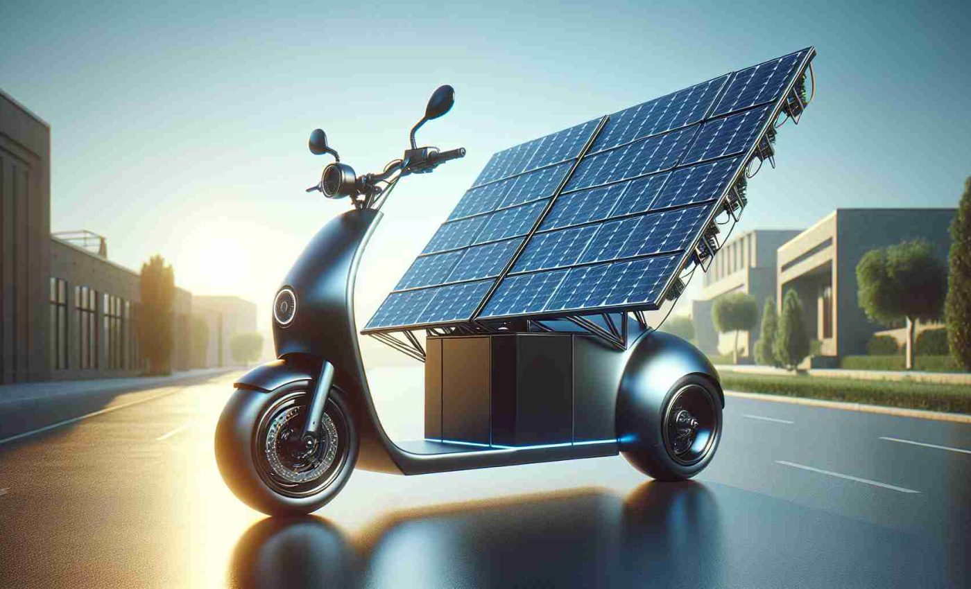 Generate a detailed and realistic image in high-definition showcasing a unique scooter that is powered by solar energy. The design of the scooter should reflect innovation and sustainability, with visible solar panels integrated into its structure. The background should reflect a calm, sunny day in an urban environment to emphasize the possibility and practicality of using solar energy in daily commuting.