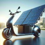 Generate a detailed and realistic image in high-definition showcasing a unique scooter that is powered by solar energy. The design of the scooter should reflect innovation and sustainability, with visible solar panels integrated into its structure. The background should reflect a calm, sunny day in an urban environment to emphasize the possibility and practicality of using solar energy in daily commuting.