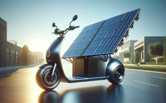 Generate a detailed and realistic image in high-definition showcasing a unique scooter that is powered by solar energy. The design of the scooter should reflect innovation and sustainability, with visible solar panels integrated into its structure. The background should reflect a calm, sunny day in an urban environment to emphasize the possibility and practicality of using solar energy in daily commuting.