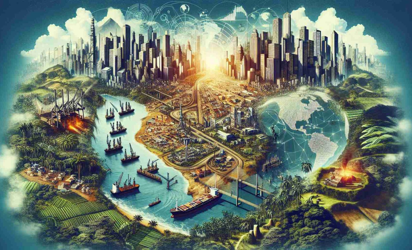 Generate a high-definition, realistic image representing business growth in Latin America. The image might show a variety of elements associated with economic development such as bustling cityscapes, trading ports, flourishing agriculture, advances in technology, and rising infrastructures. Also, add symbolic elements of Latin American culture and geography as the backdrop to this scene, such as lush rainforests or iconic landmarks, to depict a genuinely promising landscape for enterprise.