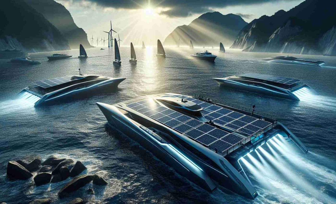 High-definition image portraying a scene of innovative solar-powered watercrafts. The vessels are sleek and modern, befitting the revolutionary nature of their design. They are located in the coastal area specifically in Rudong County, a locality known for its strong commitment to advancing renewable energy technology. The background displays the natural beauty of the county, featuring its famed coastal vistas and marine environment. Rays of sunlight shine down, reflecting off the solar panels fitted on the watercrafts, illuminating their cutting-edge design. The entire scene embodies a harmonious blend of nature and technology.