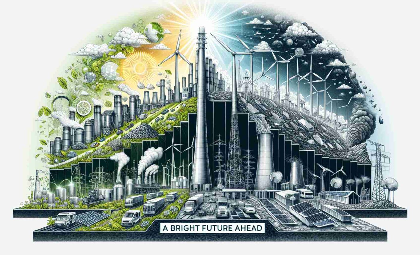 An ultra high-definition, detailed illustration representing the evolution of energy sustainability. This involves a transition from traditional sources of energy like coal and oil depicted on the left of the image to more renewable sources like wind, hydro, and solar energy on the right. The middle section should depict the process of change, perhaps showing innovations in technology and the growing awareness about sustainability. The words 'A Bright Future Ahead' are boldly written at the base of the image in a modern sans-serif typeface.