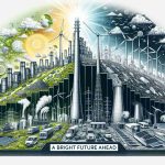 An ultra high-definition, detailed illustration representing the evolution of energy sustainability. This involves a transition from traditional sources of energy like coal and oil depicted on the left of the image to more renewable sources like wind, hydro, and solar energy on the right. The middle section should depict the process of change, perhaps showing innovations in technology and the growing awareness about sustainability. The words 'A Bright Future Ahead' are boldly written at the base of the image in a modern sans-serif typeface.