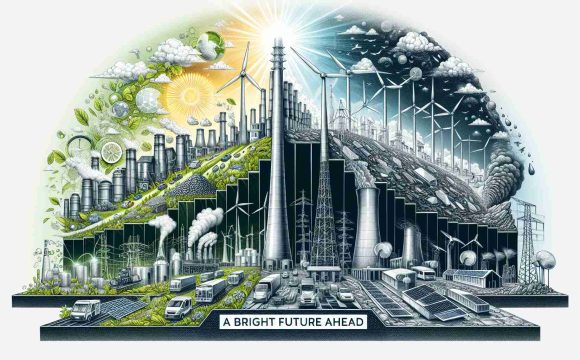 An ultra high-definition, detailed illustration representing the evolution of energy sustainability. This involves a transition from traditional sources of energy like coal and oil depicted on the left of the image to more renewable sources like wind, hydro, and solar energy on the right. The middle section should depict the process of change, perhaps showing innovations in technology and the growing awareness about sustainability. The words 'A Bright Future Ahead' are boldly written at the base of the image in a modern sans-serif typeface.