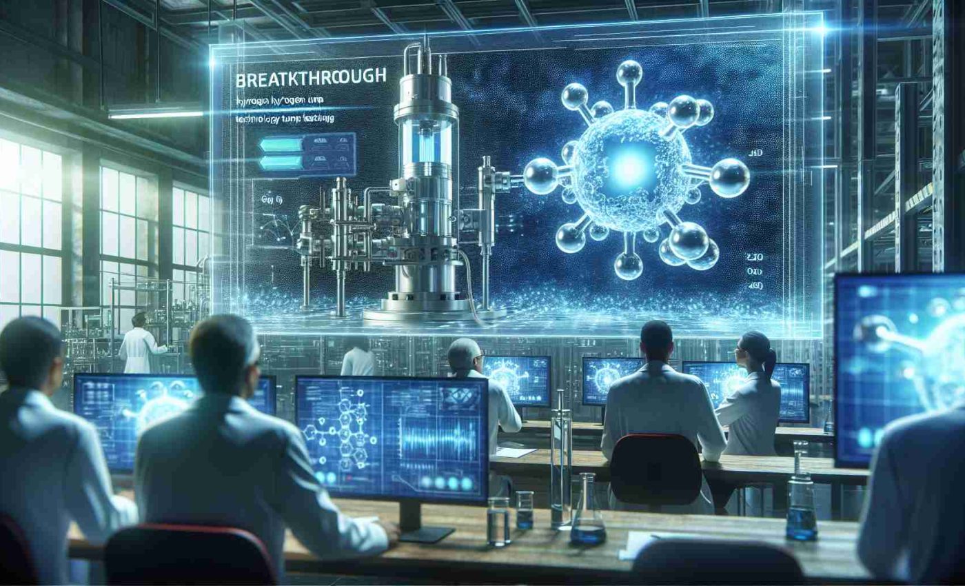 A high-definition realistic view of a breakthrough in hydrogen pump technology testing. This should depict the lab environment, with scientists observing data and results on monitors. A sophisticated pump design, potentially with visible hydrogen atoms in a stylized manner, should be the focus. Emphasize the sense of discovery and advancement in technology.