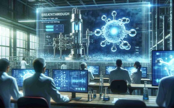 A high-definition realistic view of a breakthrough in hydrogen pump technology testing. This should depict the lab environment, with scientists observing data and results on monitors. A sophisticated pump design, potentially with visible hydrogen atoms in a stylized manner, should be the focus. Emphasize the sense of discovery and advancement in technology.