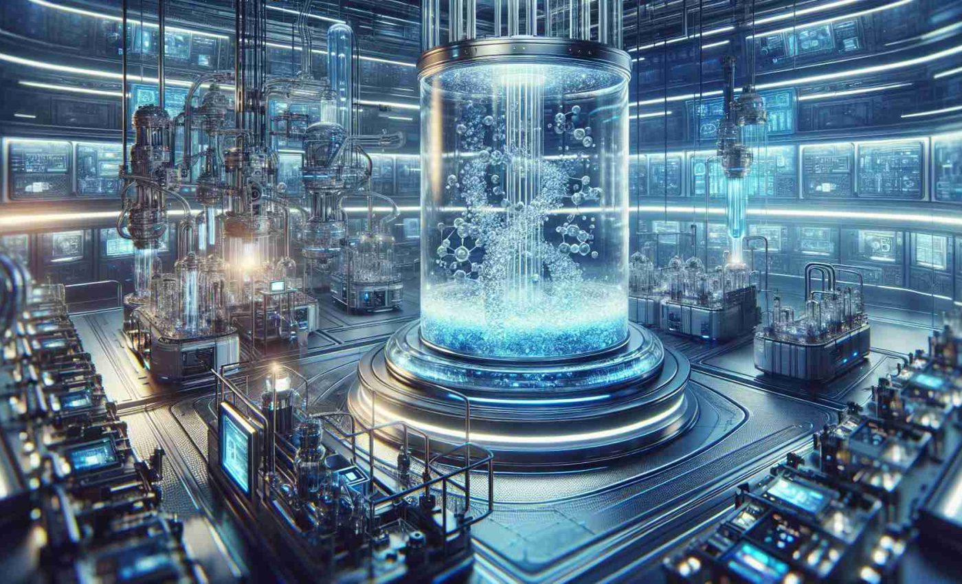 Generate a realistic HD image that depicts the concept of revolutionizing hydrogen production with cutting-edge technologies. Visualize a futuristic laboratory, filled with advanced machines and equipment. Show complex mechanisms designed with shiny metals and active displays illuminating the room with various scientific data. Meanwhile, in the center, illustrate a large, transparent container filled with bubbling liquid where the hydrogen generation process is occurring. Ethereal blue light radiates from the container symbolizing the clean energy production. The image should capture the essence of modern scientific development in the field of energy creation.