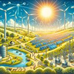 Illustration of a high-definition, transformative landscape in the energy sector with sustainable solutions. Picture wind turbines lining up a grassy hill under a bright sun, solar panel arrays soaking up golden sunlight in an open field, a network of pipes and equipment showing clean water processing, and an efficient, futuristic power grid. Include bustling workers of diverse genders and descents, all busy in their various tasks, showing human collaboration in the implementation of such solutions. Imbue the scene with a feel of optimism, innovation, and ecological responsibility.