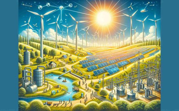 Illustration of a high-definition, transformative landscape in the energy sector with sustainable solutions. Picture wind turbines lining up a grassy hill under a bright sun, solar panel arrays soaking up golden sunlight in an open field, a network of pipes and equipment showing clean water processing, and an efficient, futuristic power grid. Include bustling workers of diverse genders and descents, all busy in their various tasks, showing human collaboration in the implementation of such solutions. Imbue the scene with a feel of optimism, innovation, and ecological responsibility.