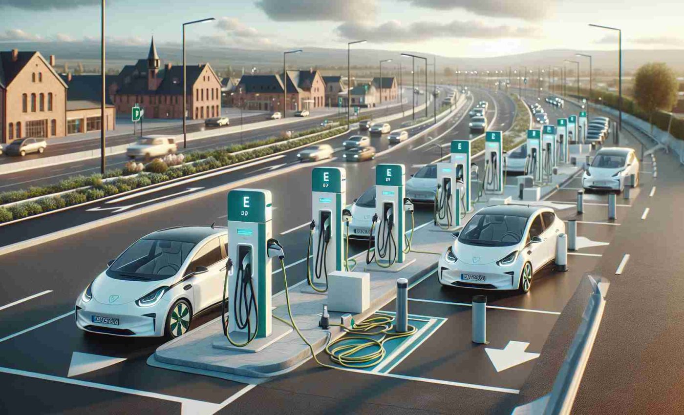 Generate a realistic HD image featuring the rapid expansion of an electric vehicle charging network in a small town. The scene should depict clean-energy infrastructure seamlessly integrated into the surroundings, demonstrating progress and sustainable development. Picture a variety of new electric vehicle charging stations popping up around the town, with a few electric cars at the charging points. There's a sense of excitement and progressiveness in the air as more and more people adopt greener modes of transport.