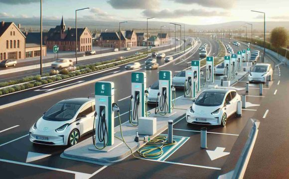 Generate a realistic HD image featuring the rapid expansion of an electric vehicle charging network in a small town. The scene should depict clean-energy infrastructure seamlessly integrated into the surroundings, demonstrating progress and sustainable development. Picture a variety of new electric vehicle charging stations popping up around the town, with a few electric cars at the charging points. There's a sense of excitement and progressiveness in the air as more and more people adopt greener modes of transport.