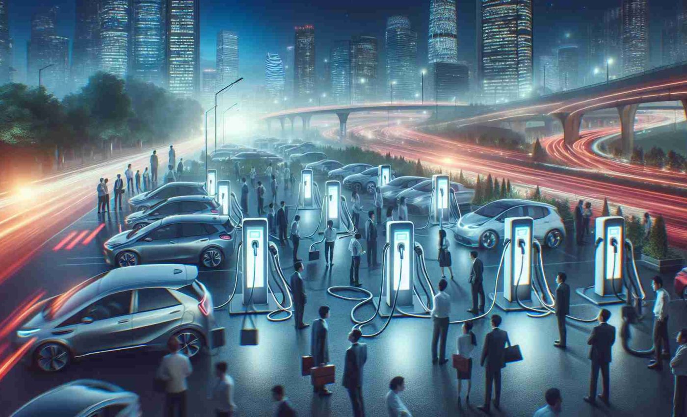 Realistic high-definition image of the growing market for electric vehicle chargers. Depict a scene of rapidly expanding infrastructure for electric vehicle charging stations. Smart city enthusiasts, potential customers and investors are gathered, their eager faces illuminated by the high tech charging appliances. The mood is of anticipation and positivity as it suggests billions in growth yet to occur.