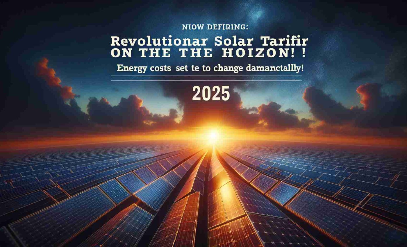 A realistic, high-definition image emphasizing the headline 'Revolutionary Solar Tariff on the Horizon! Energy Costs Set to Change Dramatically in 2025!'. Also include the representation of solar panels on a horizon, signifying the growth of solar energy, against the backdrop of a dawn or dusk sky. The year 2025 should be emphasized in a dramatic fashion.