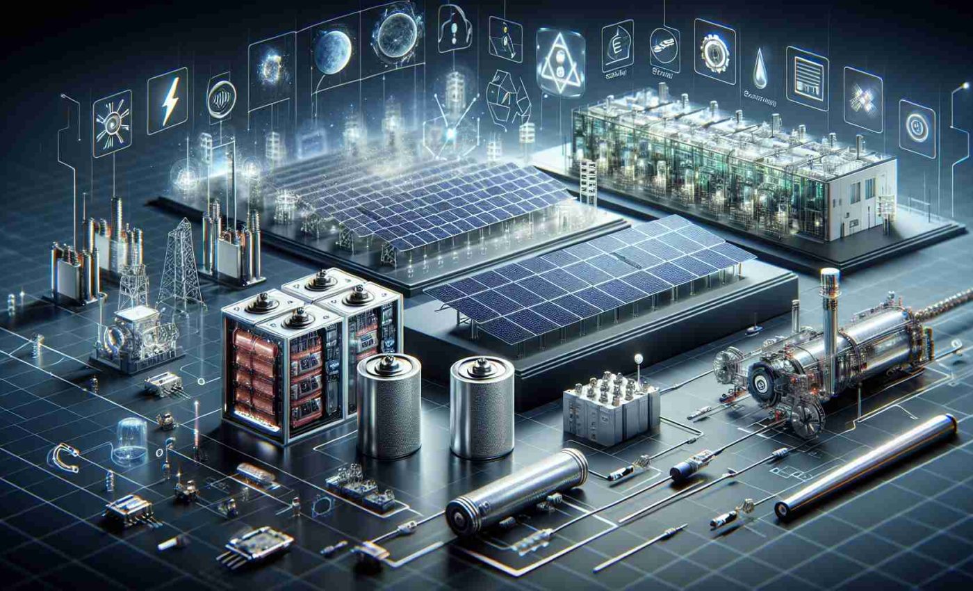 Generate a realistic, high-definition image representing new breakthroughs in energy storage technology. The scene should feature various components such as advanced batteries, possibly with visible internal structures to highlight their intricacy, alongside futuristic-looking solar panels and capacitors. In the background, include a large, state-of-the-art energy storage facility signifying progress in this field. Accompany these elements with relevant iconography such as electrical symbols or graphs illustrating energy efficiency.