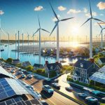 A high definition, realistic image highlighting the new clean energy standards in Massachusetts. Depict wind turbines beside a bay under a clear blue sky, solar panels glistening under the sun on rooftops of buildings, and electric cars on the roads. Let the image be filled with positivity and hope, symbolizing a sustainable future for the state.