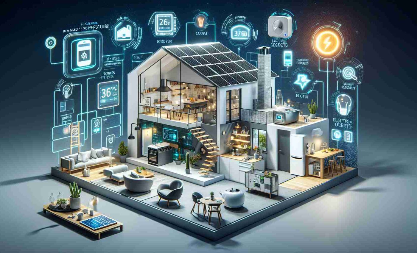 Generate a high-definition, realistic image hinting at the future of home electrification. The setting should be a modern, futuristic home showcasing various innovative electrical appliances and renewable energy sources. The image could include solar panels on the roof, a smart thermostat, energy-efficient lighting fixtures, and electric cooking appliances. There may also be a catchy, attractive tagline that says 'Is Your Home Ready for the Future? Discover Electrification Secrets!'