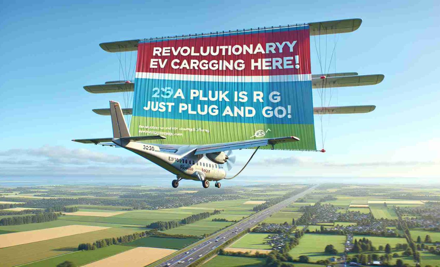 High-definition, realistic image of a flying message banner in the sky. The banner displays a message saying 'Revolutionary EV Charging is Here! Just Plug In and Go!'. The image should show a detailed clear sky with the colorful banner clearly visible, with a complementary contrast. The banner is being towed by a plane. Below, a hint of green fields and trees should be seen to accentuate the outdoor atmosphere.