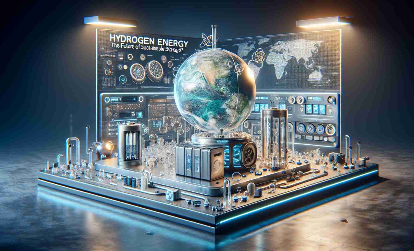 A realistic, high-definition image depicting the concept of hydrogen energy as the future of sustainable storage. The scene includes a futuristic setup showing innovation and advanced technology, with clear indications of hydrogen being the main source of energy. The composition may include elements such as a state-of-the-art hydrogen fuel cell, a modern energy storage unit, and maybe some imagery to suggest the renewable nature of this power source. Embedded within the visual narrative, the words 'Hydrogen Energy: The Future of Sustainable Storage? It’s Here to Stay!' should be present.