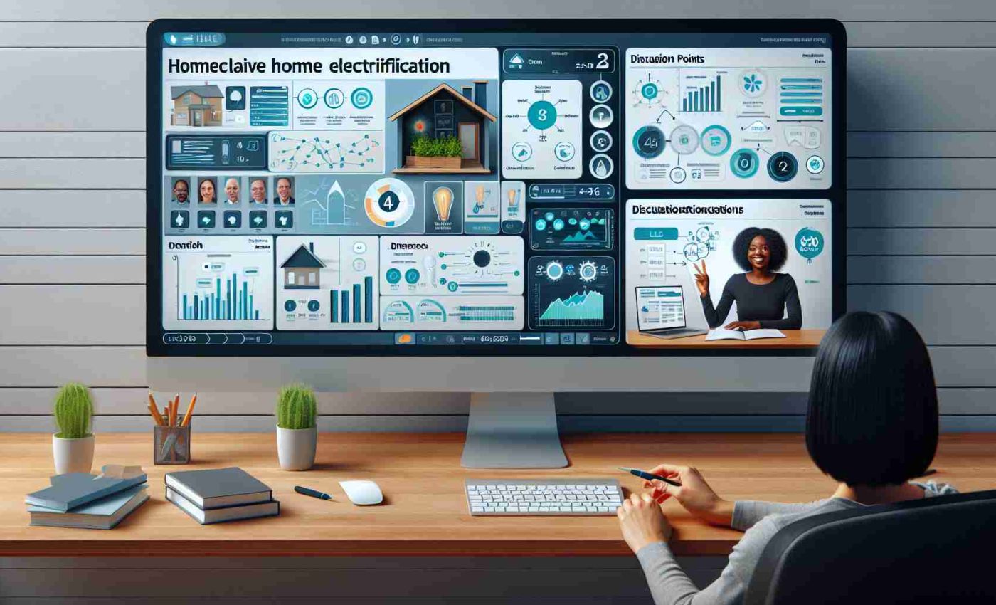 Generate a realistic HD image where a comprehensive webinar on home electrification is being explored. Visualize this as a computer screen filled with a variety of related graphs, diagrams, and data charts. There should be some discussion points clearly displayed on the right side of the screen as well. On the left side of the screen, display a small interactive video window, where a Black female presenter is eagerly sharing knowledge about different aspects of home electrification.