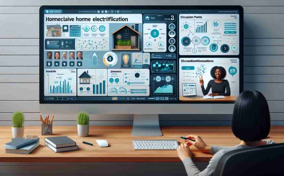 Generate a realistic HD image where a comprehensive webinar on home electrification is being explored. Visualize this as a computer screen filled with a variety of related graphs, diagrams, and data charts. There should be some discussion points clearly displayed on the right side of the screen as well. On the left side of the screen, display a small interactive video window, where a Black female presenter is eagerly sharing knowledge about different aspects of home electrification.