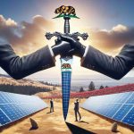 High-resolution, realistic image of a conceptual representation of the dilemma around solar panels in California. The image consists of a double-edged sword, symbolizing both the advantages and disadvantages of solar energy. The sword's blade is made of solar panels and it's set on the backdrop of the Californian landscape. Additionally, incorporate elements of curiosity and surprise to visually communicate the shocking truth about the use of solar energy in the state.