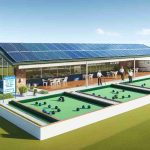 Generate a high-definition realistic image of a local bowls club that has recently upgraded its power source to solar panels. The facility is modern and eco-friendly, showing large solar panels mounted on the roof. Near the entrance, there is a sign indicating the usage of renewable energy. The lawn is neatly manicured and the green playing field contrasts sharply with the blue solar panels. A few club members, a Hispanic female and a Black male, can be seen engaged in a game of lawn bowls. The sky is clear, signifying a sunny day ideal for solar energy production.