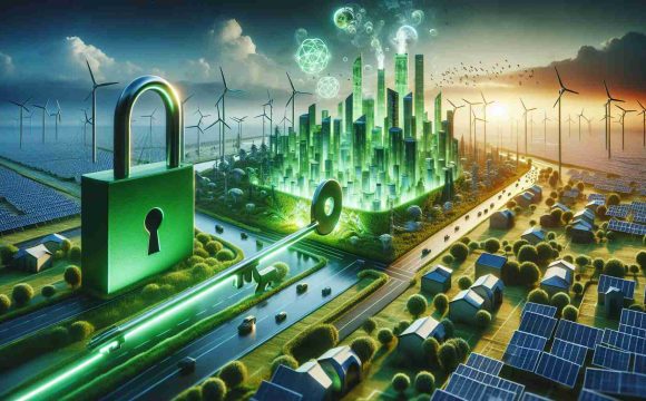 A high-definition image portraying the concept of 'Unlocking the Future of Energy'. It showcases a scene related to a groundbreaking green revolution. Imagine an innovatively designed, eco-friendly city powered by renewable energy sources. It has clean technologies like solar panels, wind turbines, and cutting-edge architectural structures that conserve energy. Foreground features a large symbolic key unlocking a symbolic lock which leads to the green city, signifying the transition to sustainable energy solutions. The coloring is vivid with a prominent shade of green to signify the environmental consciousness of the scene.