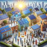 A high-definition, realistic image portraying the empowerment of diverse communities through solar energy. The scene illustrates different multi-story buildings with a variety of rooftop solar panels, people of various descents such as Middle-Eastern, South Asian, Caucasian and Hispanic working together to install them. Include symbolism signifying hope, such as a rising sun or a bright sky. Please incorporate elements showing the positive impact of this sustainable technology on the community, like people enjoying the benefits of powered homes.