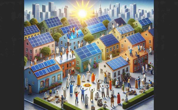 A high-definition, realistic image portraying the empowerment of diverse communities through solar energy. The scene illustrates different multi-story buildings with a variety of rooftop solar panels, people of various descents such as Middle-Eastern, South Asian, Caucasian and Hispanic working together to install them. Include symbolism signifying hope, such as a rising sun or a bright sky. Please incorporate elements showing the positive impact of this sustainable technology on the community, like people enjoying the benefits of powered homes.