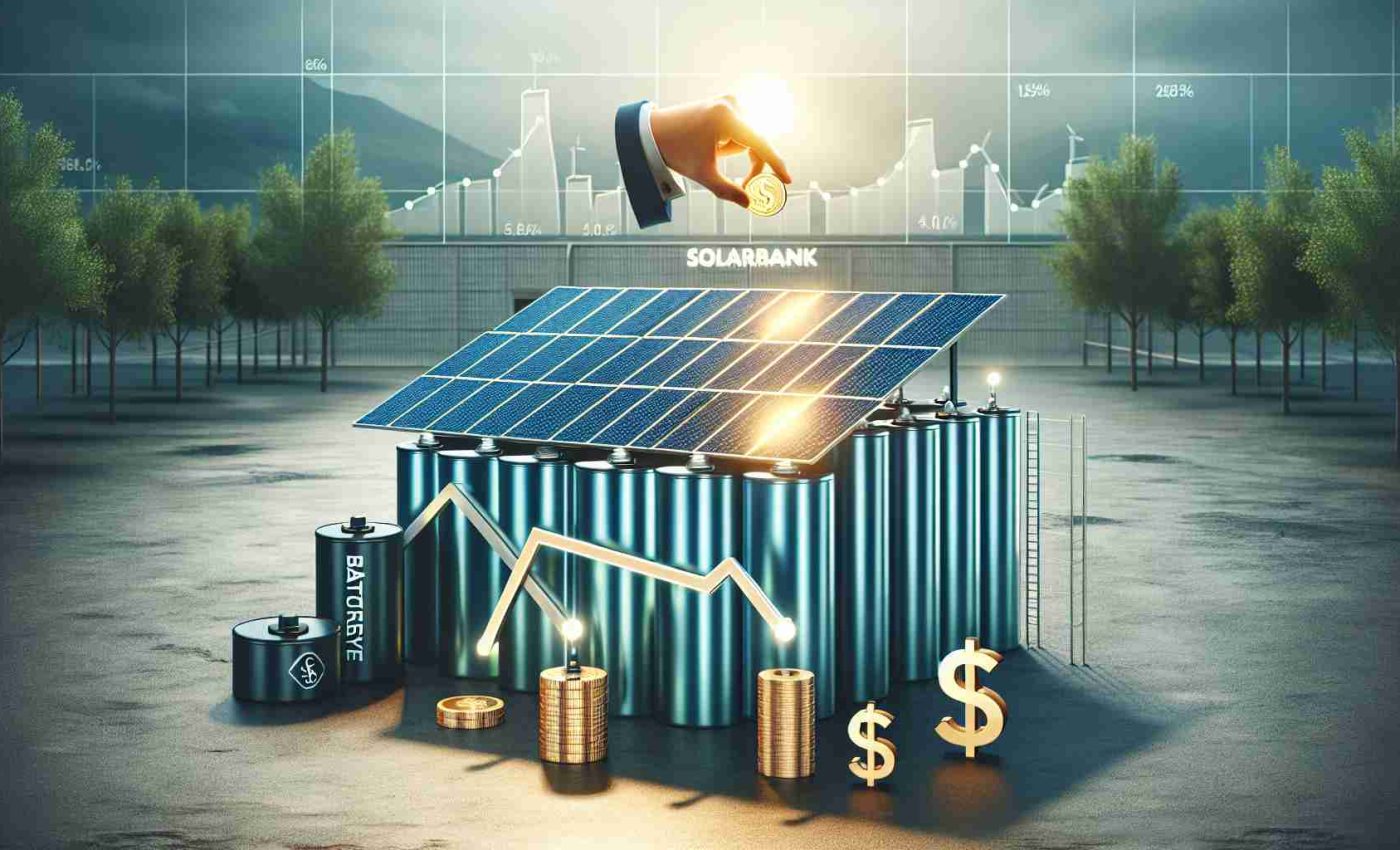 Realistic high-definition image of a metaphorical scene depicting a company named SolarBank. The scene involves a daring initiative: investing heavily in battery storage solutions. The image captures the solar panels gleaming under the sun, a large battery storage facility, and symbols of investment and finance like growing graphs and dollar signs, representing the financial investment in this venture.